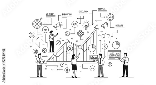 Business people collaborate around a large upward trending line graph illustrating strategic execution, key performance indicators, and achieving final results in a conceptual diagram.