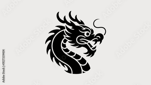 A black dragon head icon in a minimalist flat design style