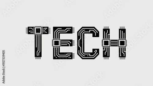 A stylized vector graphic illustration of the word TECH with a circuit board design