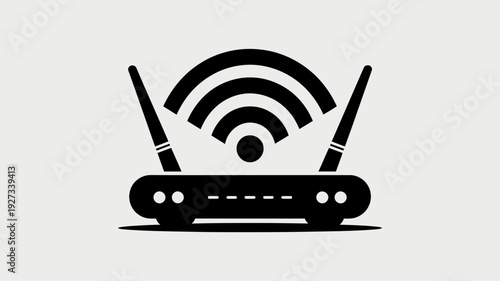 A black and white vector graphic of a Wi-Fi router icon with a wireless signal symbol