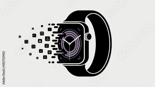 A vector graphic illustration of a smartwatch with social media icons exploding out of it