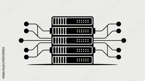 A minimalist vector graphic illustration of a server stack with connected lines and dots