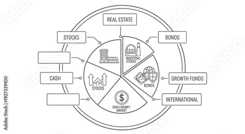 Circular diagram illustrates various asset allocation categories including stocks, bonds, real estate, and cash equivalents for portfolio diversification planning purposes.