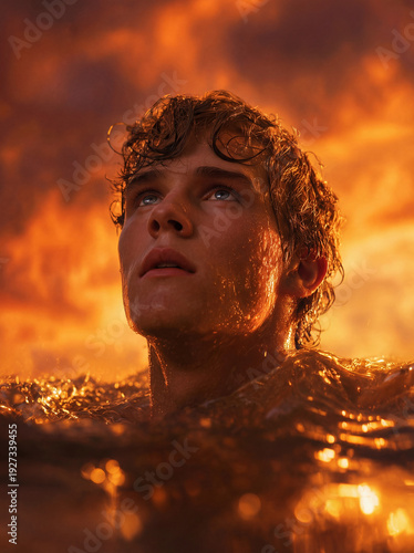 Cinematic portrait of young man in glowing water at sunset, hope and resilience concept