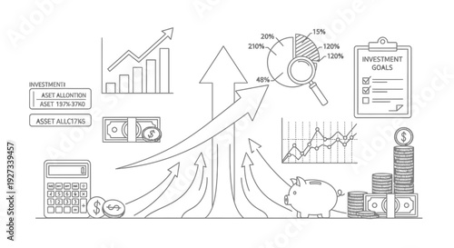 Financial growth illustration features large upward arrows, charts, a piggy bank, magnifying glass over a pie chart, calculator, and stacks of money indicating investment success.