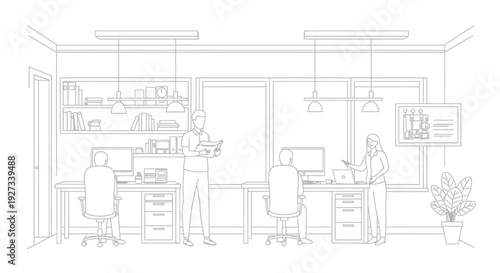 Outline of a modern office interior showing employees working at desks with computers and standing near windows in a professional environment.