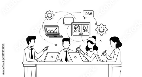 Diverse team collaborates around a table with laptops and digital screens, brainstorming new ideas and connecting concepts during a virtual meeting.