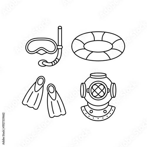 Diving Equipment Line Art Set. Snorkel, Mask Fins, Lifebuoy and Vintage Helmet Vector Illustration