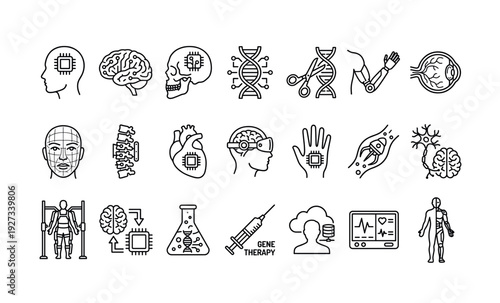 Medical and biotechnology icons depicting brain and gene concepts