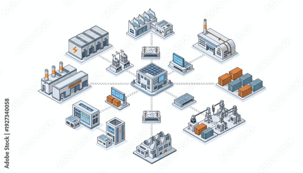 Fototapeta premium Industrial facilities and buildings connected in a network.