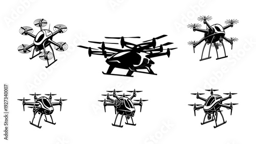 Set of various passenger drone icons, electric flying car silhouettes, aircraft collection in black and white, futuristic air mobility concepts.