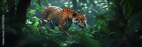 Jaguar stalking through lush, green jungle foliage in dappled sunlight.