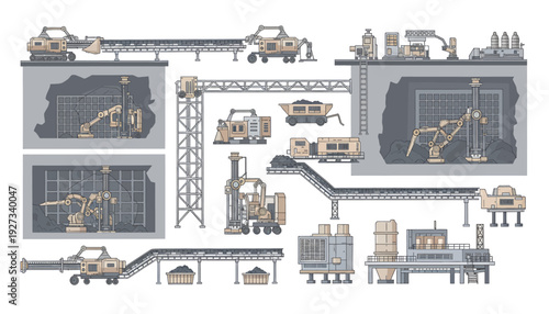 Industrial mining process infographic with excavators and conveyor belts.