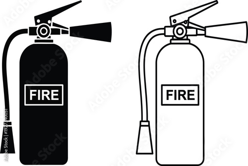 Two fire extinguishers one black and one white in line art style