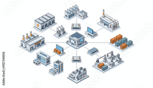 Industrial facilities and buildings connected in a network.