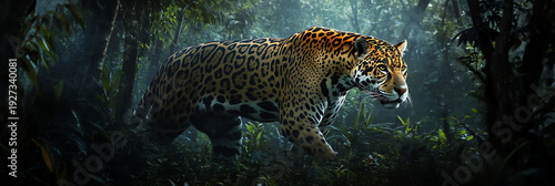 Majestic Jaguar Walking Through Lush Jungle, Predatory Stance, Wild Animal