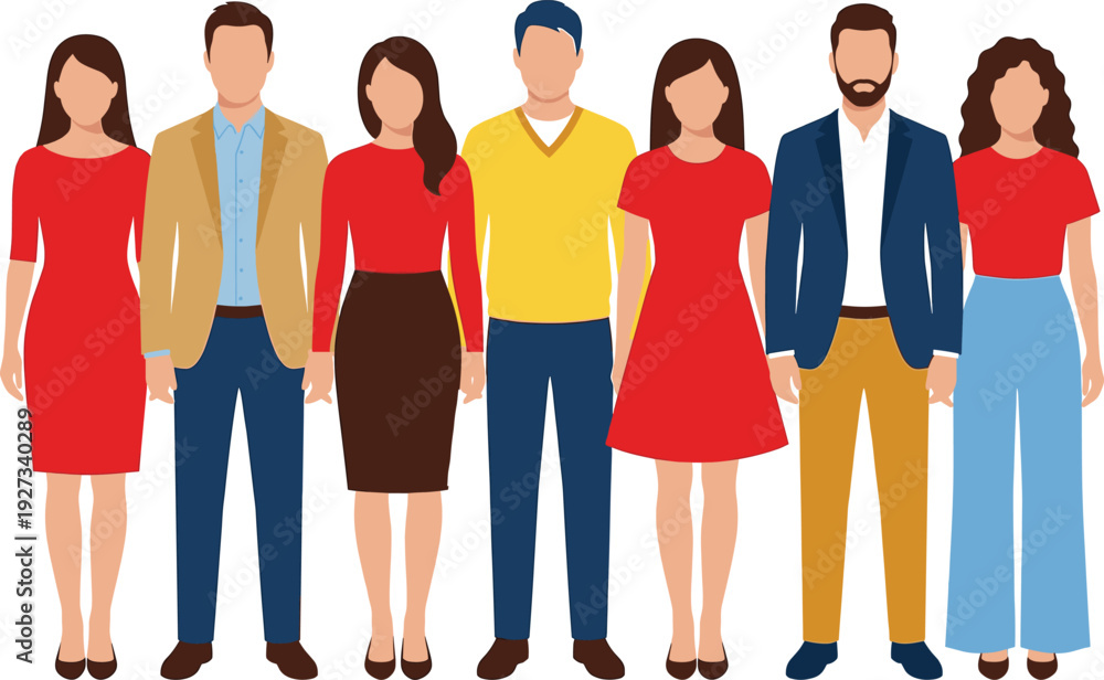 Obraz premium Diverse group of professional men and women standing together in stylish business casual outfits, modern team character set