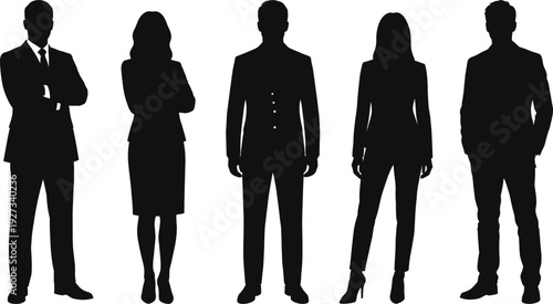 Professional business team silhouettes standing together in formal suits, representing corporate leadership, diversity, success, and confident workplace collaboration
