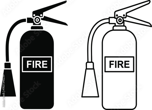 Black and white fire extinguishers with labels