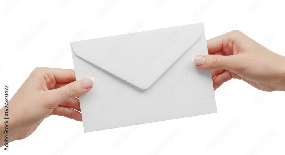 Fototapeta premium Hands Holding Blank White Envelope Isolated on White Background