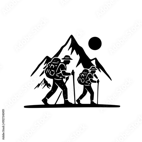 couple hiking with backpacks and poles in mountains silhouette illustration for trekking adventure travel and outdoor recreation lifestyle