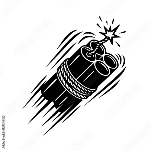 bundle of dynamite sticks with burning fuse flying fast silhouette illustration for demolition sabotage danger and explosive impact concepts