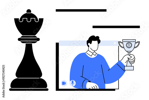 Chess piece and person holding trophy in video call window representing strategy, remote teamwork, leadership, success. Ideal for business, competition, online awards, branding, motivation
