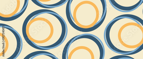Vibrant Retro Abstract Background Featuring Interlocking Blue and Orange Circles on a Cream Backdrop for Mid-Century Modern Textile Prints and Creative Graphic Branding Designs