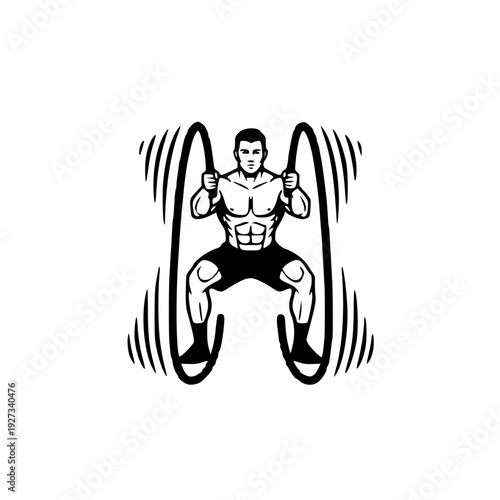 athletic man performing intense battle ropes workout silhouette illustration for high intensity interval training gym fitness and explosive power