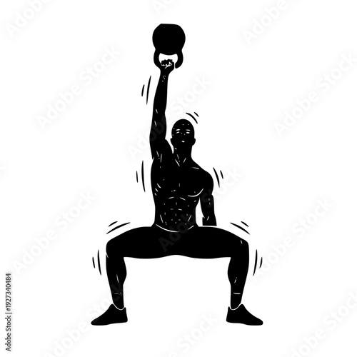 muscular man performing overhead kettlebell snatch squat workout silhouette illustration for fitness bodybuilding and strength training