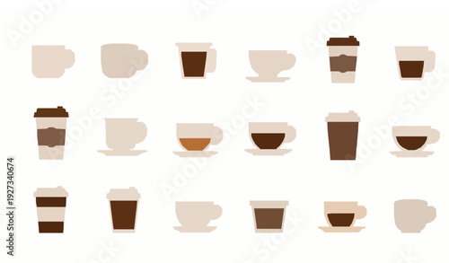 Coffee Cup Icon Set with Tea and Disposable Hot Drink Flat Vector Collection Isolated on White Background