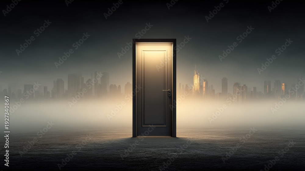 Obraz premium The glowing door of opportunity opens to a mysterious cityscape shrouded in fog.