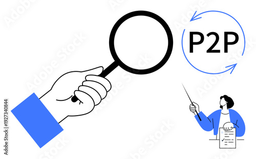 Hand holding magnifying glass, circular arrows indicating peer-to-peer exchange P2P, user pointing at document. Ideal for research, collaboration, data sharing, teamwork, education, communication