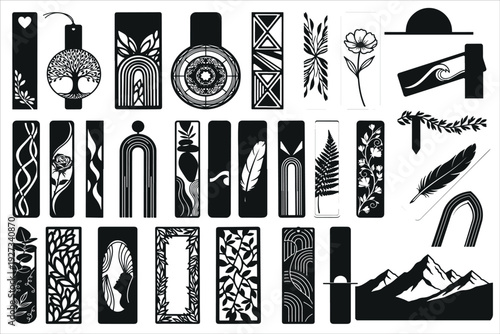 Creative bookmark laser cut bundle featuring decorative shapes, floral patterns, and modern designs perfect for DIY crafts, Cricut projects, wood engraving, acrylic cutting, and personalized gifts.