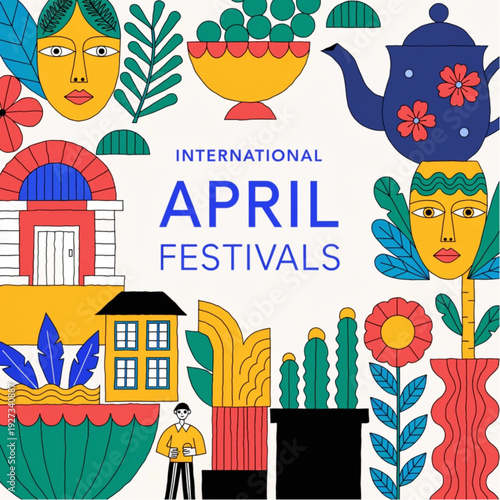 International April Festivals Celebration Banner with Colorful Cultural Elements