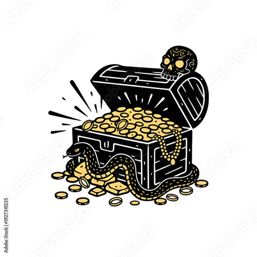 Pirate Treasure Chest with Gold Coins, Skull and Snake Vector Illustration – Vintage Black and Gold Fantasy Graphic Design