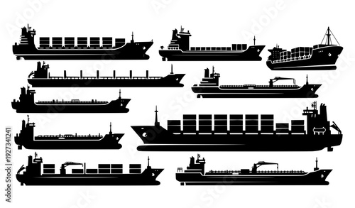 Cargo ship and container ship silhouette vector set maritime transport logistics illustration