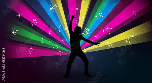 Silhouette of a dancing person with colorful rainbow lights and sparkles in the background conveying joy and celebration