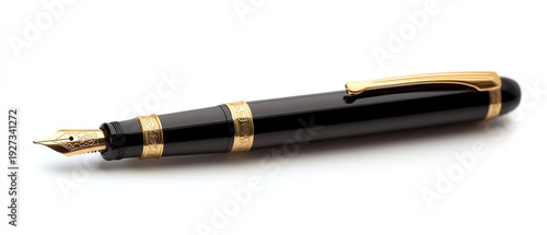 Elegant Black Fountain Pen with Gold Trim on White Background