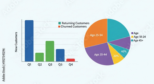 Business data analysis with bar and pie charts showing customer demographics and sales trends