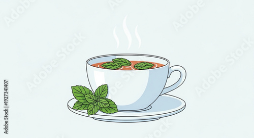Steaming cup of herbal mint tea on a saucer with fresh leaves a soothing and refreshing beverage