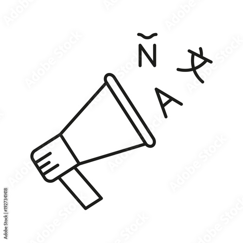 Megaphone With Letters Line Icon. Language Promotion, Spanish Communication, And Cultural Outreach Outline Symbol. Multilingual Marketing. Editable Stroke. Isolated Vector Illustration