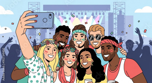 Diverse group of young friends taking selfie at outdoor music festival with confetti