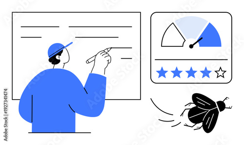 Customer feedback concept. Feedback includes user interaction, rating system, and issue analysis. Feedback aids in improving quality and resolving problems. Useful for customer experience, product