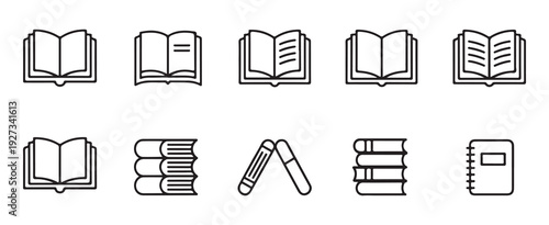 Collection of book icons open closed stack and notebook for library study and reading education vector