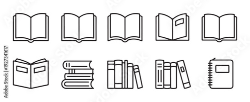 Collection of open and closed books icons vector set for education and reading symbols