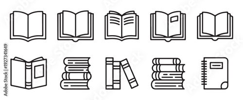 Set of book icons open and closed books stacked books and notebook vector illustrations education