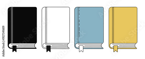 Collection of closed hardcover books in black white blue and yellow colors bookmark details