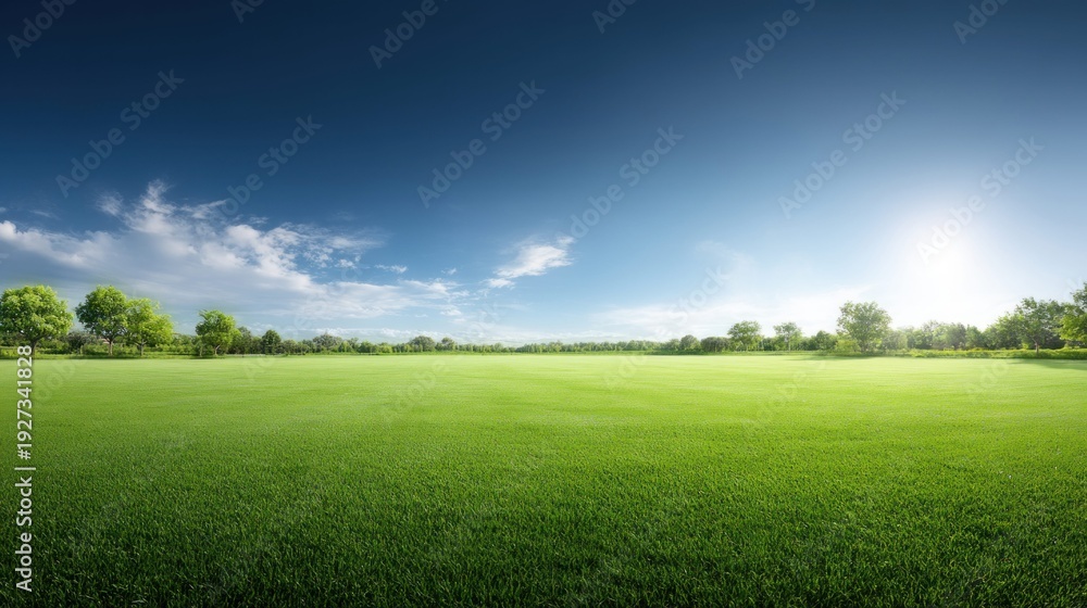 Naklejka premium Vast green meadow under a clear blue sky with scattered clouds and bright sunshine