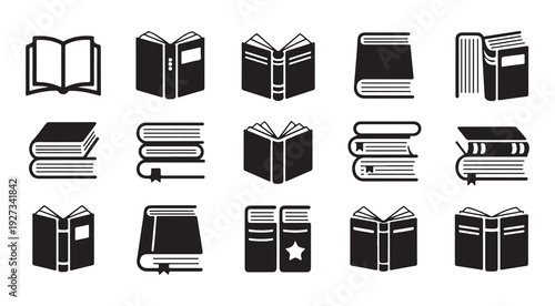 Assorted book and library icons in black and white vector collection